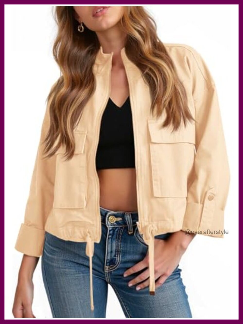 Cropped Military Safari Utility Zip Up Lightweight Cotton Jacket